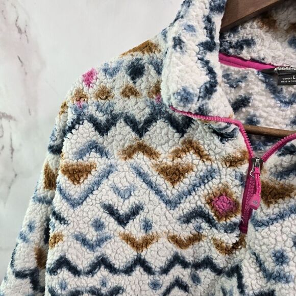 Eddie Bauer Pullover Womens Large White Pink Quest Plush Teddy Half Zip Sweater - Picture 2 of 11